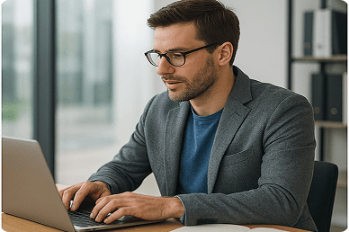 Professional man working on laptop in modern office