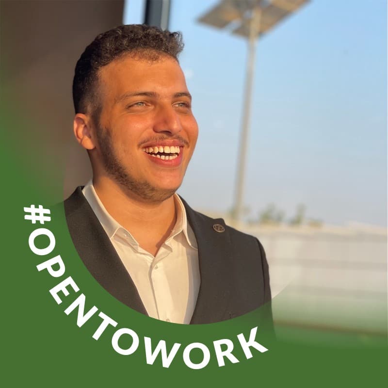 Professional businessman with #OPENTOWORK overlay